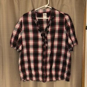 Just My Size Black and Pink Plaid Top